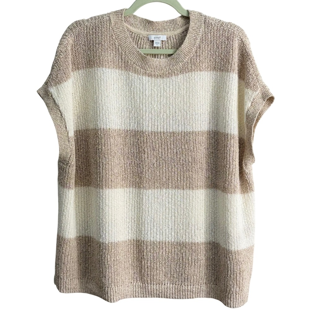 Pure Jill Striped Cotton Sweater Vest Women XL Beige Classic Boxy Relaxed